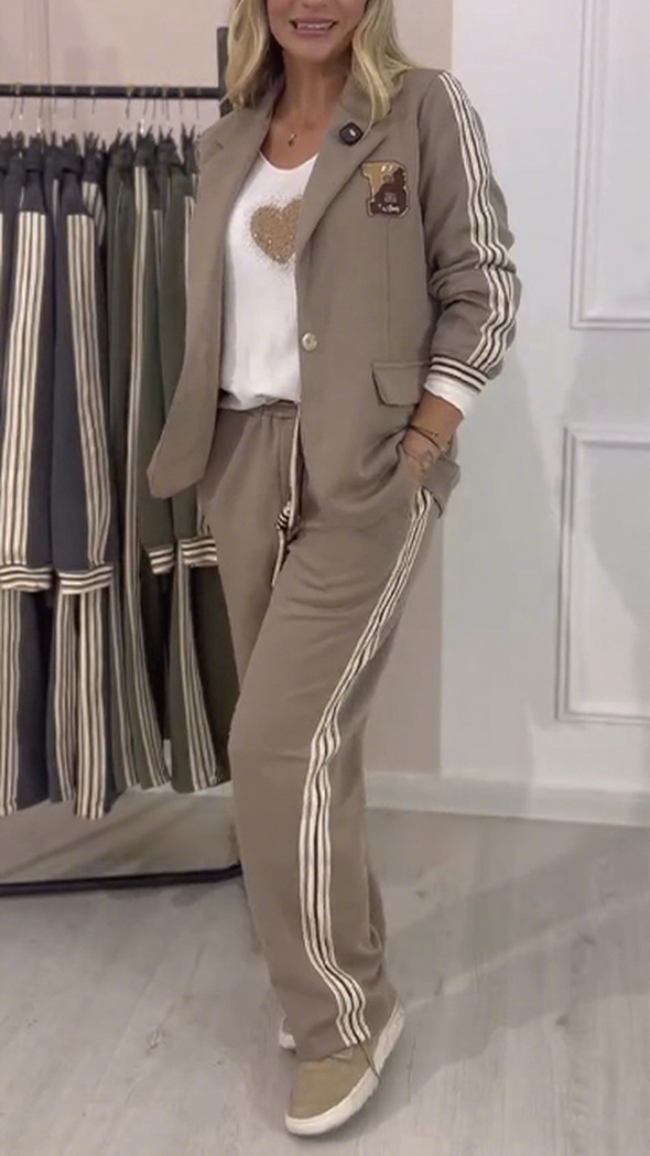 Women Lapel Vertical Striped Jacket + Pants Commuter Suit