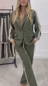 Women Lapel Vertical Striped Jacket + Pants Commuter Suit