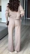 Women Lapel Zipper Jacket + Pants Knitted Casual Suit
