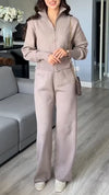 Women Lapel Zipper Jacket + Pants Knitted Casual Suit