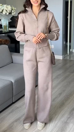 Women Lapel Zipper Jacket + Pants Knitted Casual Suit