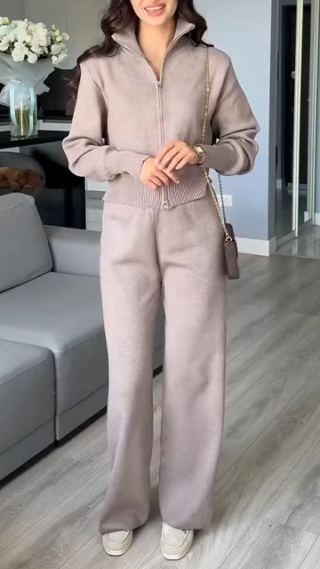 Women Lapel Zipper Jacket + Pants Knitted Casual Suit