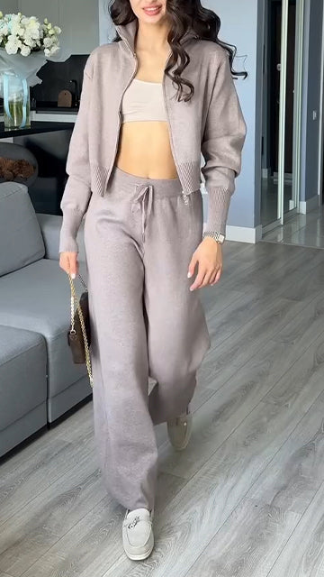 Women Lapel Zipper Jacket + Pants Knitted Casual Suit