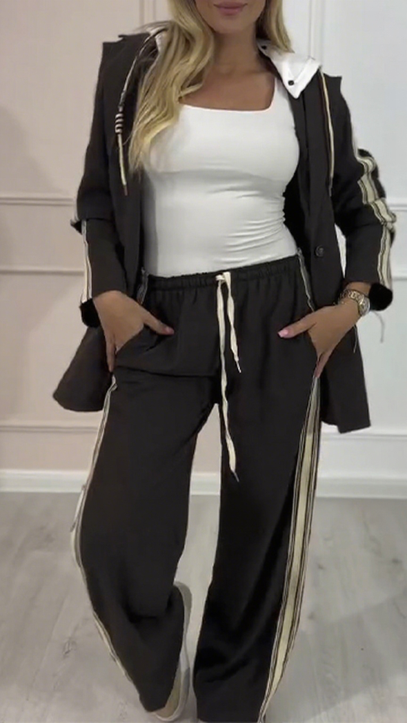 Women Hooded Drawstring Jacket + Pants Casual Set