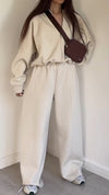 Women Round Neck Zipper Stitching Solid Color Casual Suit