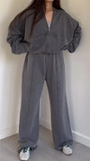 Women Round Neck Zipper Stitching Solid Color Casual Suit