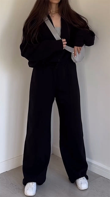 Women Round Neck Zipper Stitching Solid Color Casual Suit