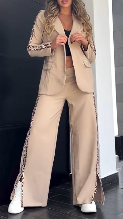Women Lapel Side Vertical Stripe Print Jacket + Pants Temperament Commuter Suit