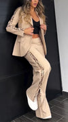 Women Lapel Side Vertical Stripe Print Jacket + Pants Temperament Commuter Suit