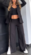 Women Lapel Side Vertical Stripe Print Jacket + Pants Temperament Commuter Suit