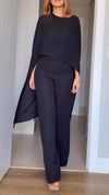 Women Round Neck Irregular Top + Pants Solid Color Casual Suit