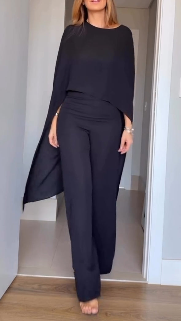 Women Round Neck Irregular Top + Pants Solid Color Casual Suit