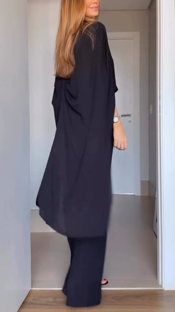 Women Round Neck Irregular Top + Pants Solid Color Casual Suit
