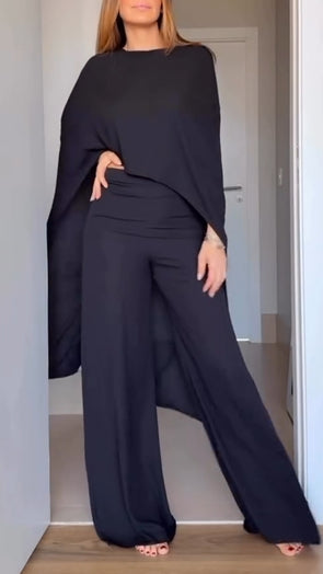 Women Round Neck Irregular Top + Pants Solid Color Casual Suit