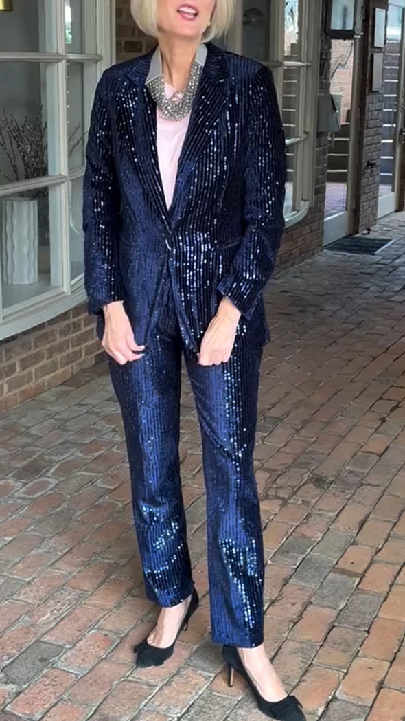 Women Lapel Sequined Jacket + Pants Commuter Temperament Suit