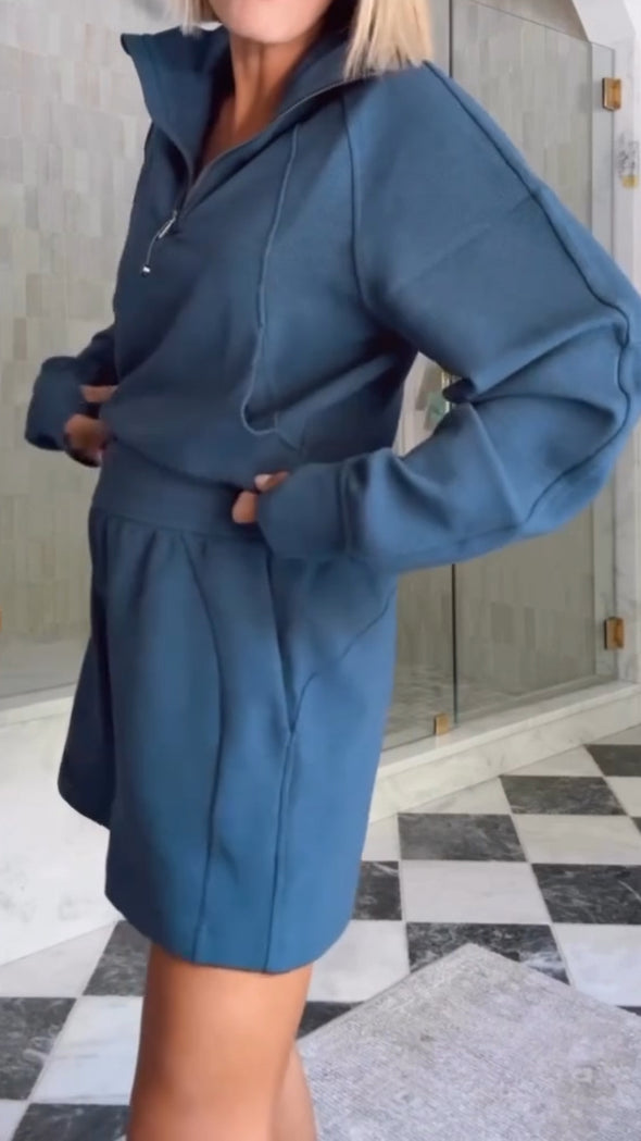 Women Lapel Half-zip Top + Pants Solid Color Casual Suit