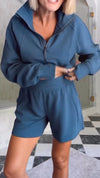 Women Lapel Half-zip Top + Pants Solid Color Casual Suit