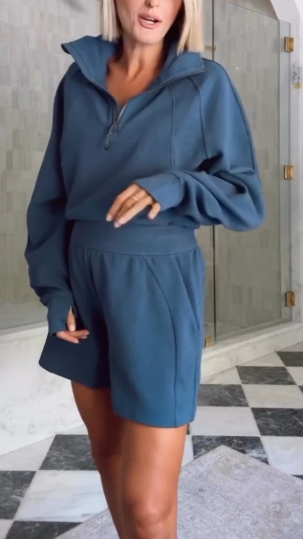 Women Lapel Half-zip Top + Pants Solid Color Casual Suit