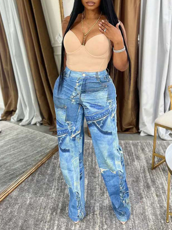 Fashion Textured Print Wide Leg Pants