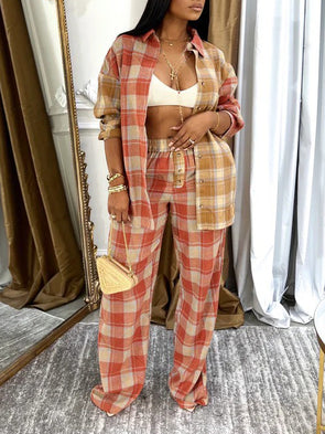 Casual Checkered Paneled Shirt + Elastic Waistband Pants Suit