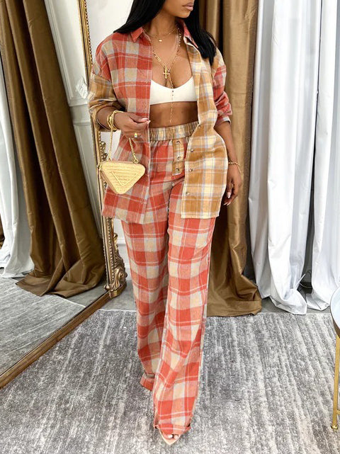 Casual Checkered Paneled Shirt + Elastic Waistband Pants Suit