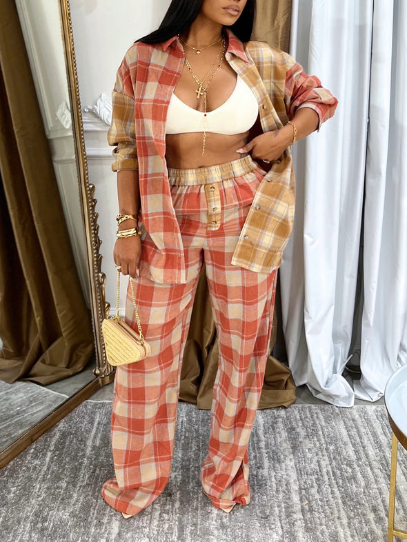 Casual Checkered Paneled Shirt + Elastic Waistband Pants Suit