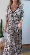 Women V-neck Leopard Print Casual Loose Suit