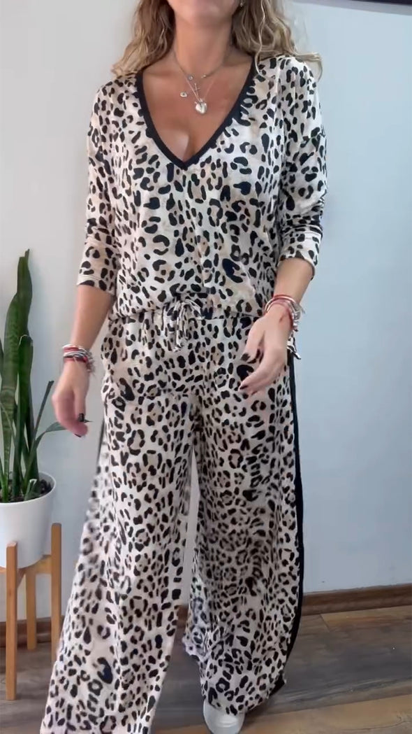 Women V-neck Leopard Print Casual Loose Suit