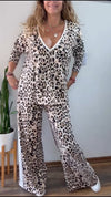 Women V-neck Leopard Print Casual Loose Suit