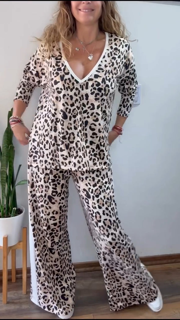 Women V-neck Leopard Print Casual Loose Suit