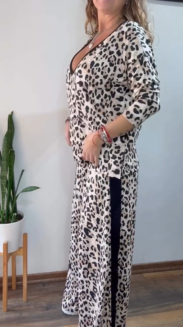 Women V-neck Leopard Print Casual Loose Suit