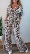 Women V-neck Leopard Print Casual Loose Suit