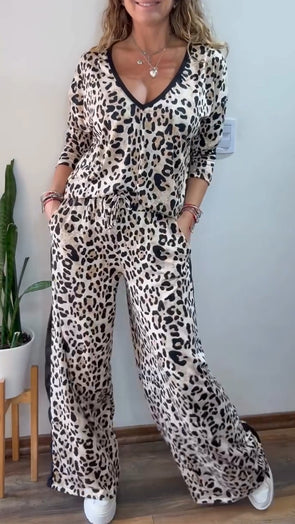 Women V-neck Leopard Print Casual Loose Suit