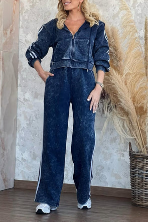Womens Lapel Hooded Jacket + Pants Casual Suit