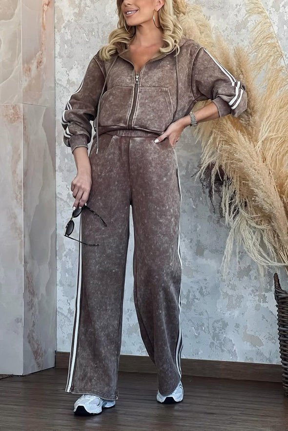 Womens Lapel Hooded Jacket + Pants Casual Suit
