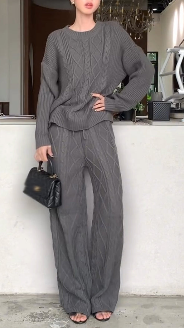 Women Round Neck Knitted Solid Color Casual Suit