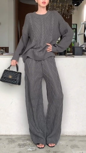 Women Round Neck Knitted Solid Color Casual Suit