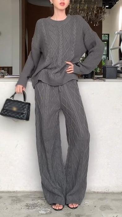 Women Round Neck Knitted Solid Color Casual Suit
