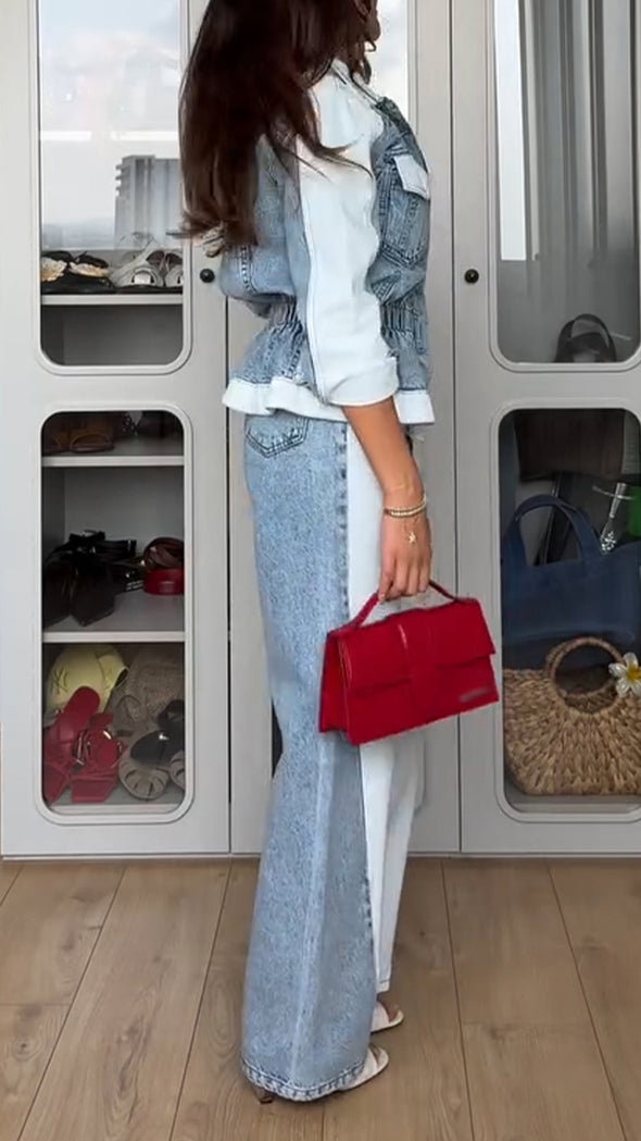Women Lapel Stitching Denim Jacket + Pants Casual Suit