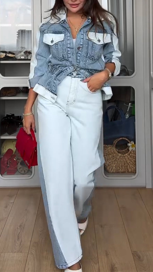 Women Lapel Stitching Denim Jacket + Pants Casual Suit