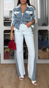 Women Lapel Stitching Denim Jacket + Pants Casual Suit