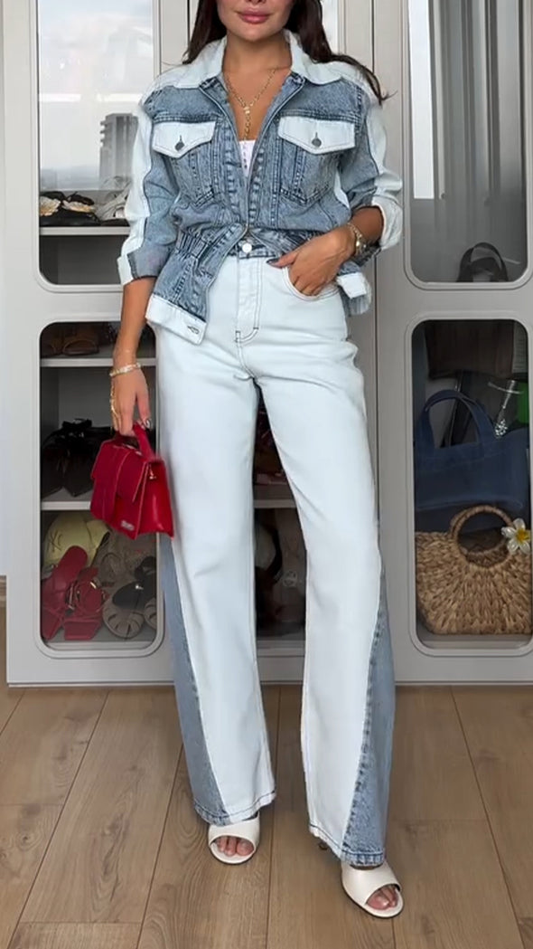 Women Lapel Stitching Denim Jacket + Pants Casual Suit