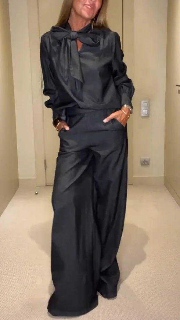 Women V-neck Top + Pants Solid Color Casual Suit