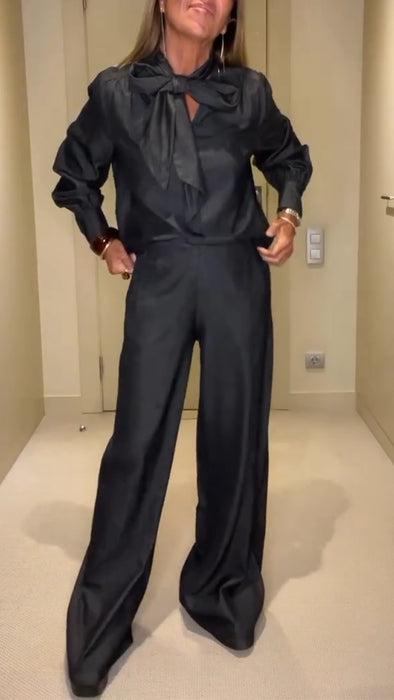 Women V-neck Top + Pants Solid Color Casual Suit