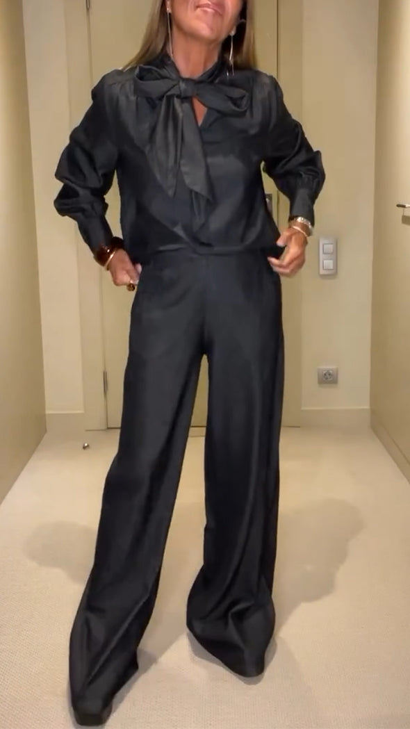 Women V-neck Top + Pants Solid Color Casual Suit