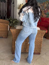 Casual Lace Panel Pearl Embellished Short Denim Jacket