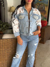 Casual Lace Panel Pearl Embellished Short Denim Jacket
