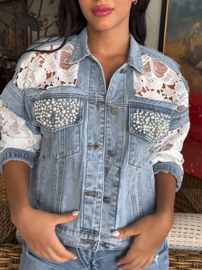 Casual Lace Panel Pearl Embellished Short Denim Jacket