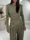 Casual Shoulder Pads Asymmetric Hem Top + Pants Suit
