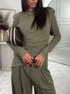 Casual Shoulder Pads Asymmetric Hem Top + Pants Suit